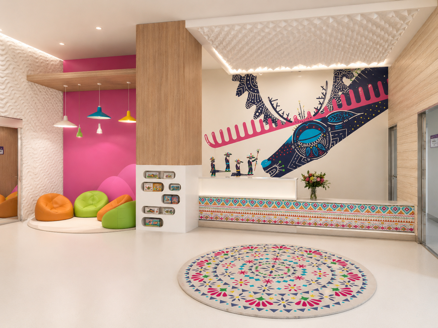Consultorio pediátrico — recepción con mural artístico y detalles de diseño mexicano